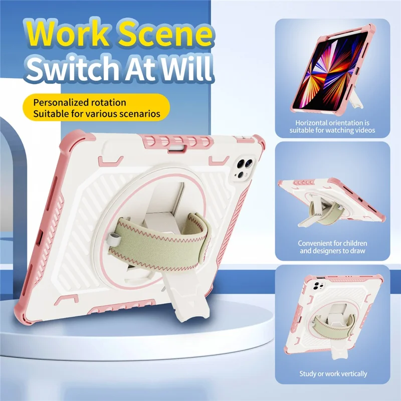Tablet Case For iPad Pro 11 (2021)  /  (2020)  /  (2018) Kickstand PC + TPU Shockproof Cover with Hand Strap  /  Pen Slot - Pink