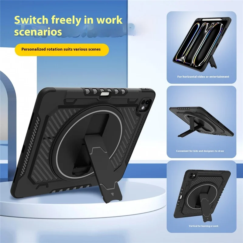 For iPad Pro 13 (2024) Case Kickstand PC + TPU Shockproof Tablet Cover with Pen Slot - Black