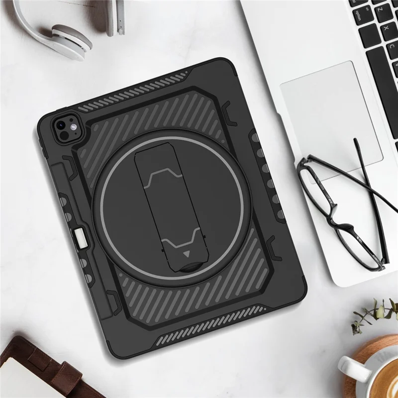 For iPad Pro 13 (2024) Case Kickstand PC + TPU Shockproof Tablet Cover with Pen Slot - Black
