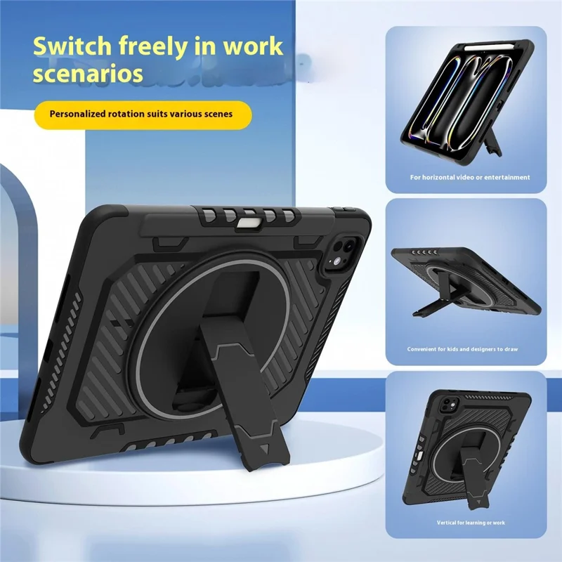 For iPad Pro 11 (2025) / 11 (2024) Case Kickstand PC + TPU Shockproof Tablet Cover with Pen Slot - Black