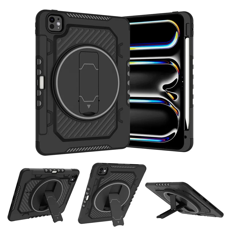 For iPad Pro 11 (2025) / 11 (2024) Case Kickstand PC + TPU Shockproof Tablet Cover with Pen Slot - Black