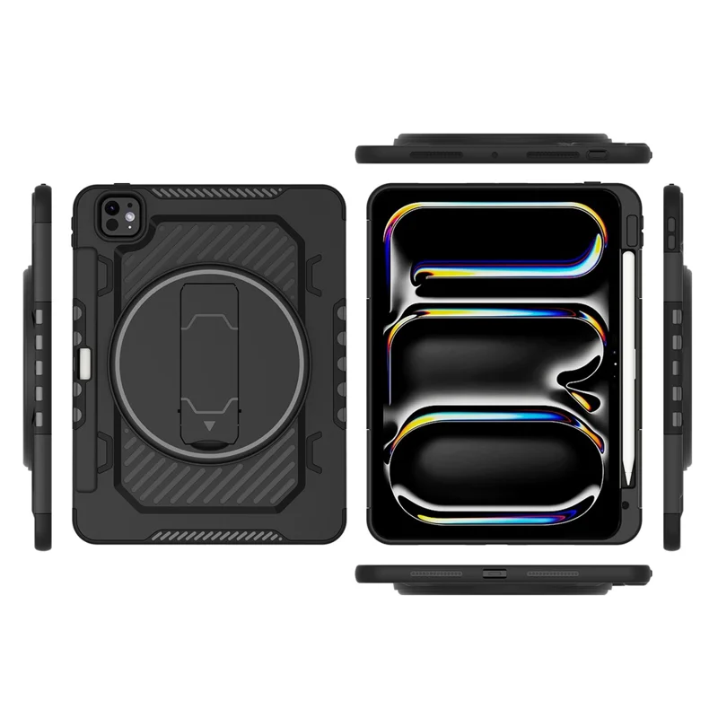 For iPad Pro 11 (2025) / 11 (2024) Case Kickstand PC + TPU Shockproof Tablet Cover with Pen Slot - Black