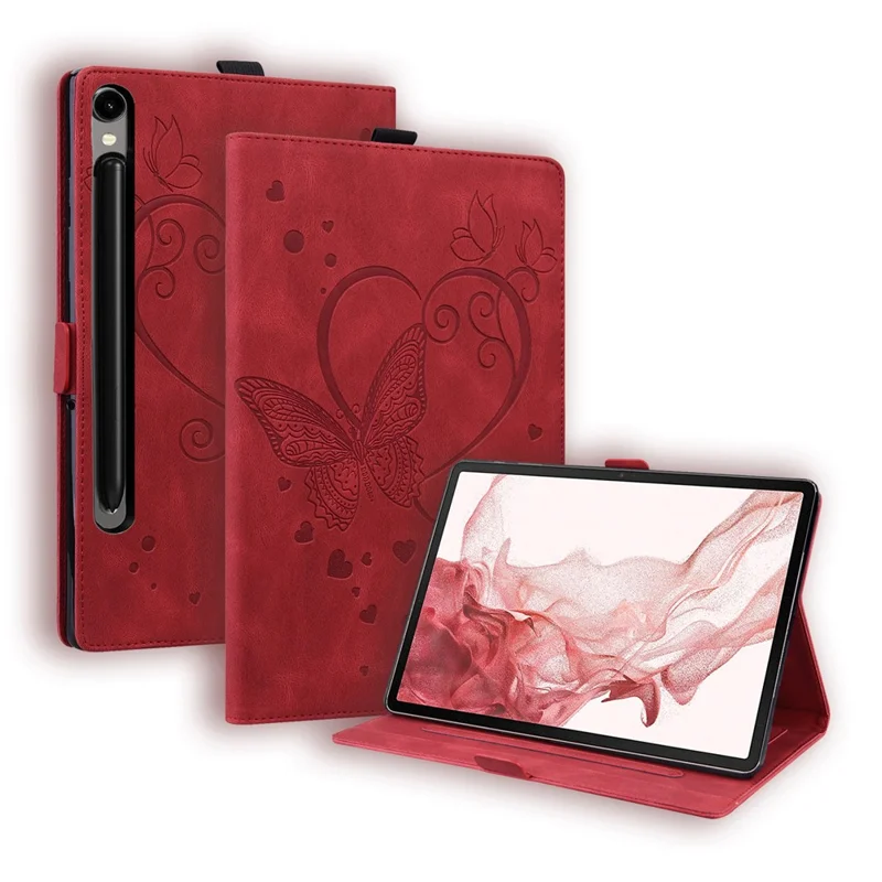 Custodia in pelle per Samsung Galaxy Tab S11 / S10 Lite / S10 FE / S9 / S8 / S7, Custodia per tablet con stampa a farfalla, supporto e slot per schede - Rosso