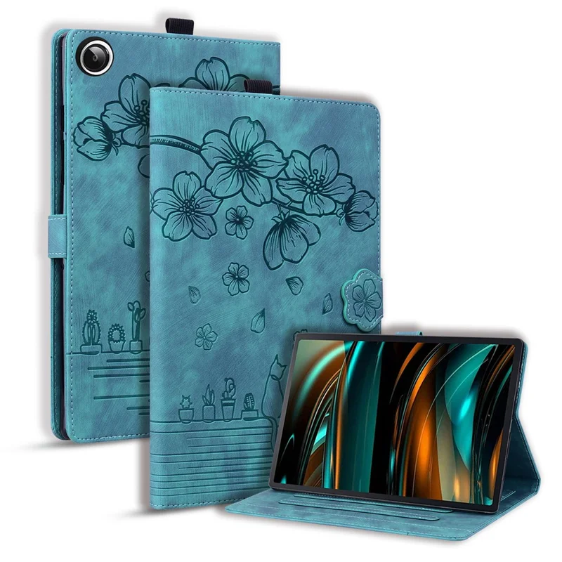 Pour Samsung Galaxy Tab A11+ / Tab A9+ Étui Fentes pour Cartes Support en Cuir Folio Couverture Fleur Chat - Vert