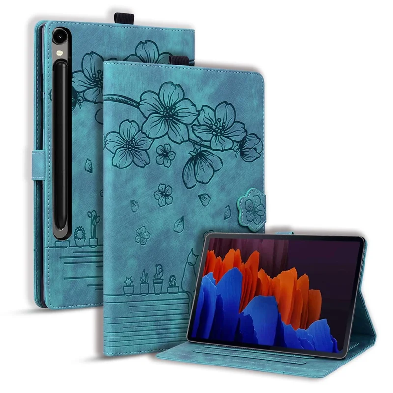 Custodia per tablet per Samsung Galaxy Tab S11 / S10 Lite / S10 FE / S9 / S9 FE / S8 / S7, slot per schede, custodia in pelle con supporto a libro, motivo floreale gatto - Verde