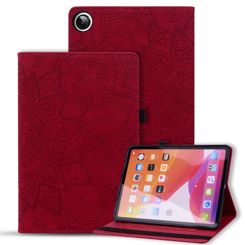 Étui pour tablette Samsung Galaxy Tab A11+ / Tab A9+ Slots pour cartes Couverture en cuir Motif floral - Rouge