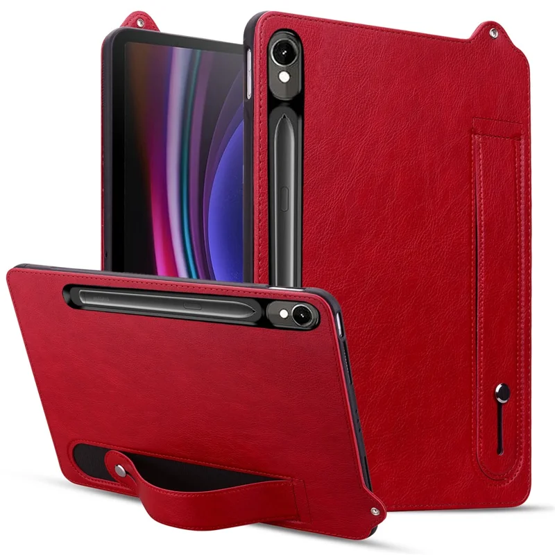 Custodia in pelle per Samsung Galaxy Tab S11 / S10 Lite / S10 FE / S9 / S9 FE / S8 / S7, Custodia per tablet con cinturino da polso e supporto - Rosso