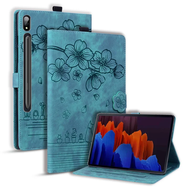 Étui en cuir pour Samsung Galaxy Tab S11 Ultra / S10 Ultra / S9 Ultra / S8 Ultra, Porte-cartes Support de tablette Housse folio Fleur Chat - Vert