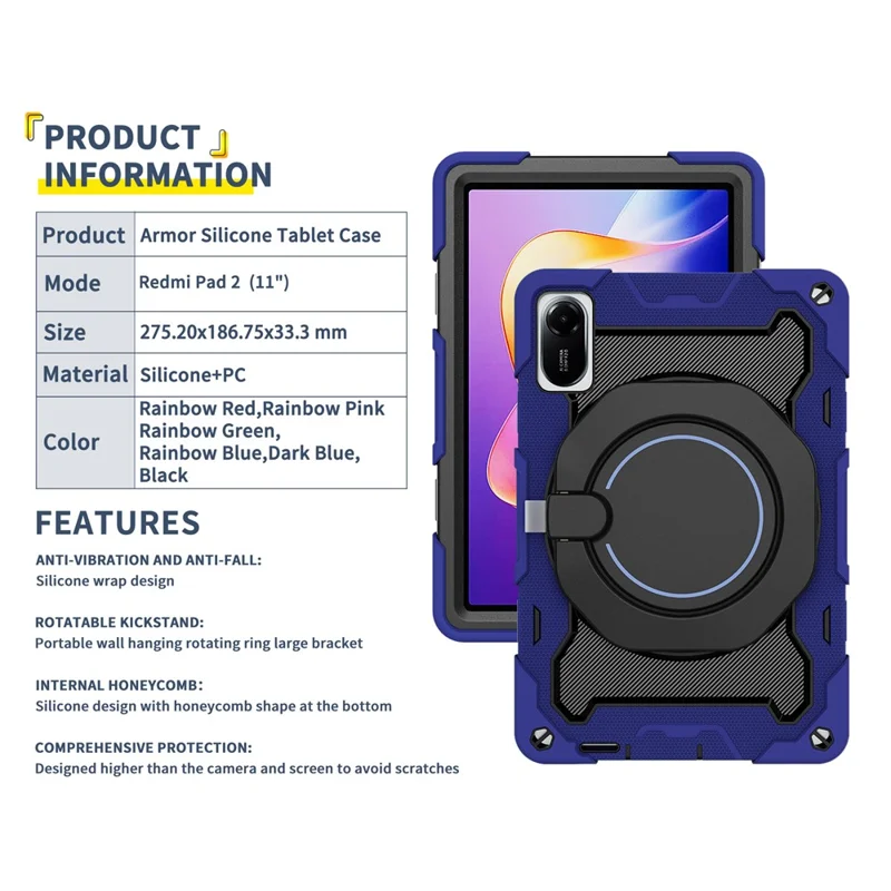 For Xiaomi Redmi Pad 2 11 Case with Kickstand PC + Silicone Shockproof Rugged Tablet Cover - Navy Blue