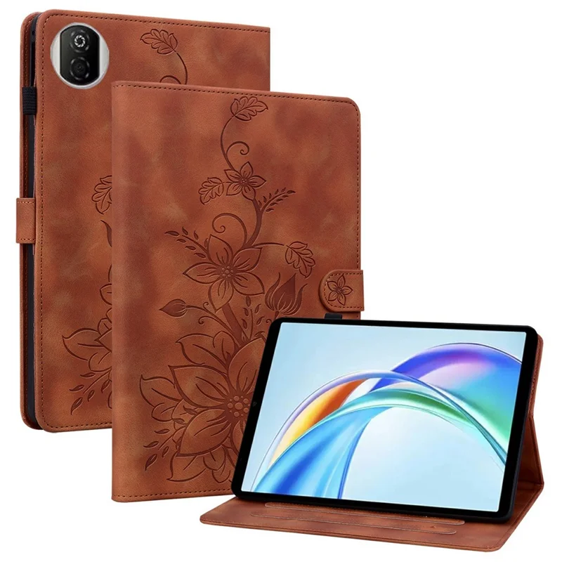 For Honor Pad X7 Case Lily Flower Imprint Card Slots Leather Tablet Cover - Brown