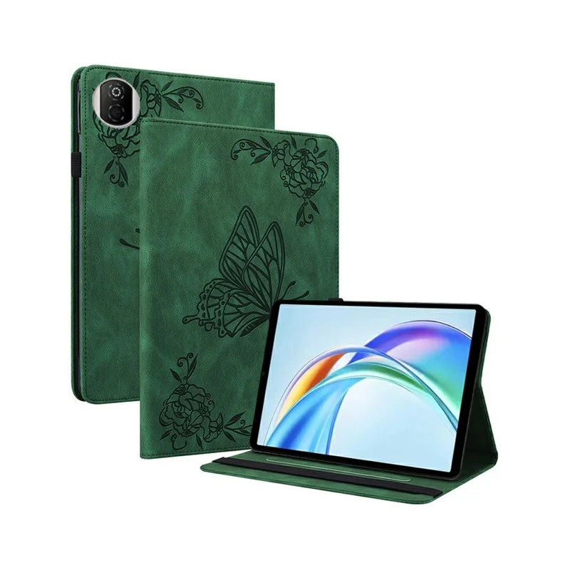 For Honor Pad X7 Case Butterfly Flower Imprint PU Leather Tablet Cover with Card Slots - Green