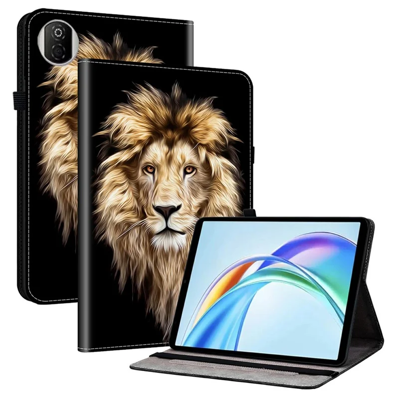 Capa de Couro para Honor Pad X7 com Padrão Impresso, Suporte para Tablet com Compartimentos para Cartões - Cabeça de Leão