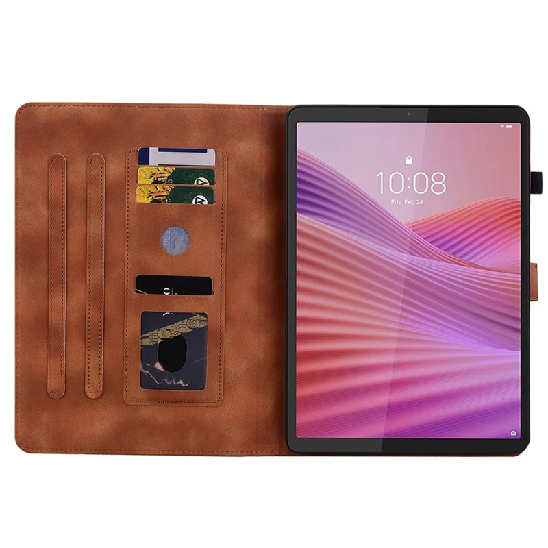 For Lenovo Tab K9 Case Lily Flower Imprint Card Slots Leather Tablet Cover - Brown
