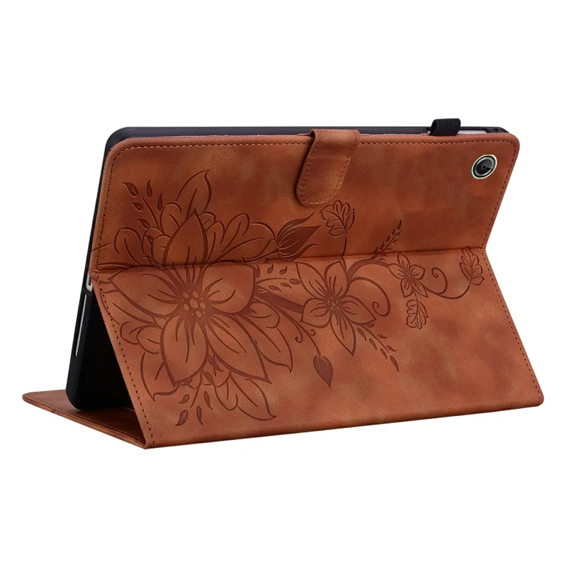 For Lenovo Tab K9 Case Lily Flower Imprint Card Slots Leather Tablet Cover - Brown