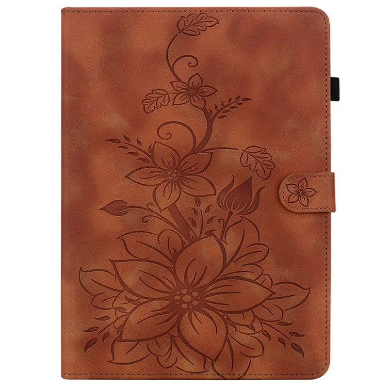For Lenovo Tab K9 Case Lily Flower Imprint Card Slots Leather Tablet Cover - Brown
