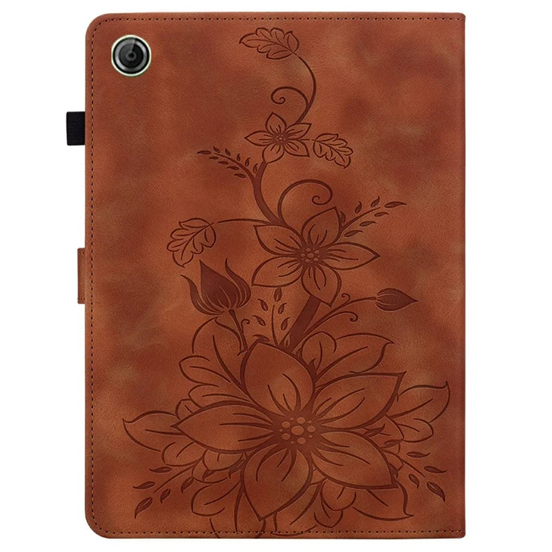 For Lenovo Tab K9 Case Lily Flower Imprint Card Slots Leather Tablet Cover - Brown
