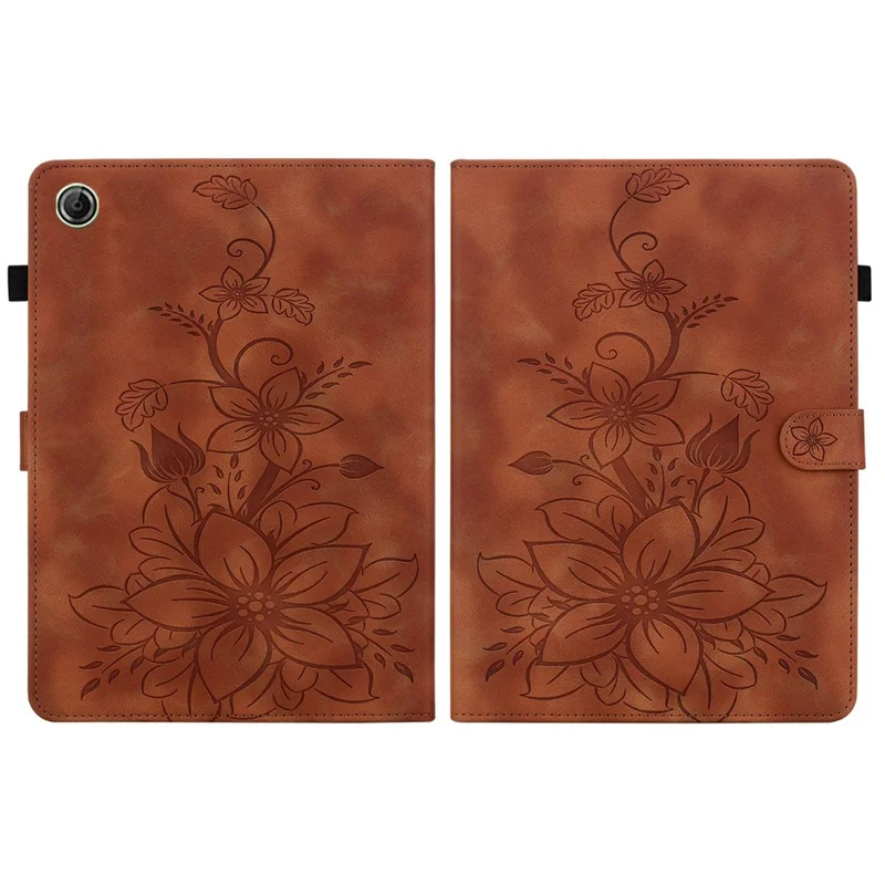 For Lenovo Tab K9 Case Lily Flower Imprint Card Slots Leather Tablet Cover - Brown