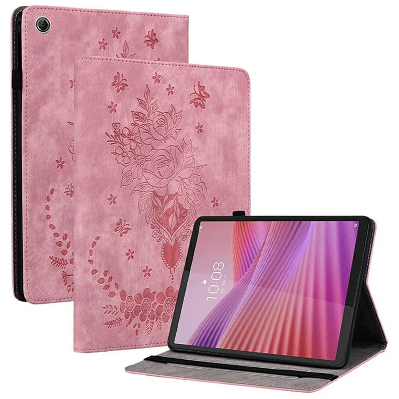 For Lenovo Tab K9 Case Card Holder Anti-Scratch Leather Cover Rose Flower Imprint - Pink