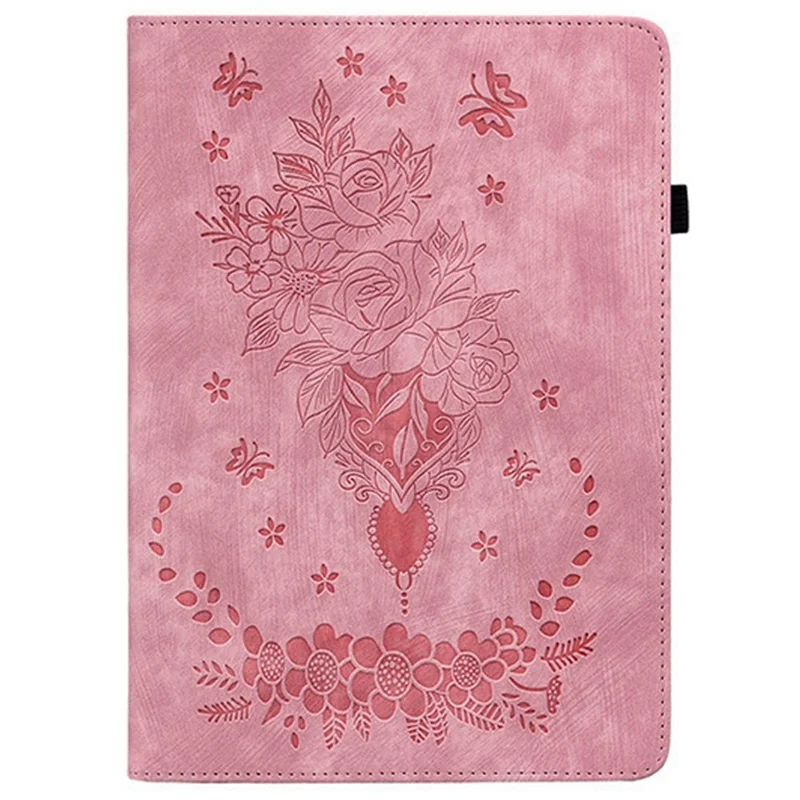 For Lenovo Tab K9 Case Card Holder Anti-Scratch Leather Cover Rose Flower Imprint - Pink