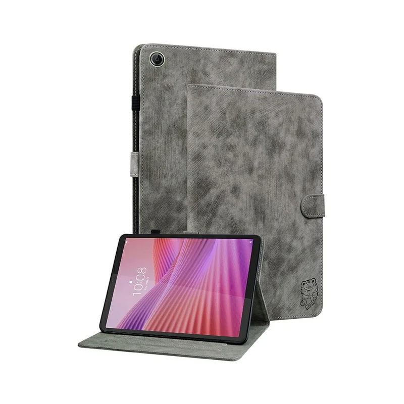 For Lenovo Tab K9 Case Tiger Imprint Anti-Scratch PU Leather Tablet Cover - Grey