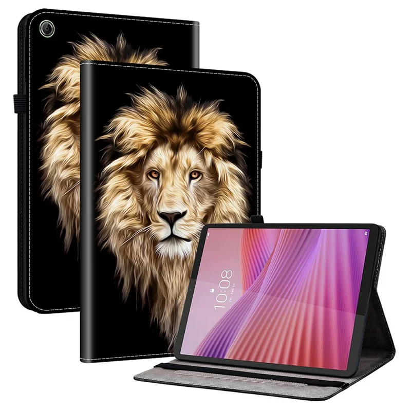 For Lenovo Tab K9 Leather Case Pattern Printed Stand Tablet Cover with Card Slots - Lion Head