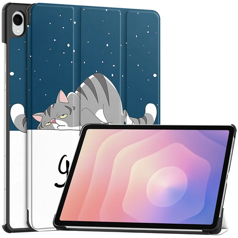 Voor Samsung Galaxy Tab S11 hoesje met patroon en lederen staander tabletcover - Kat