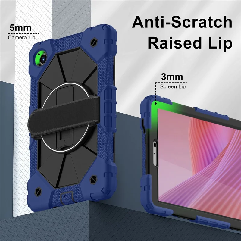 For Lenovo Tab K9 / Tab One Case Silicone + PC Kickstand Tablet Cover with Handy Strap - Navy Blue / Black