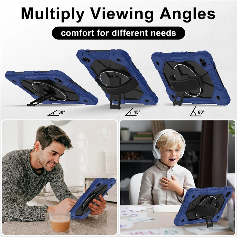 For Lenovo Tab K9 / Tab One Case Silicone + PC Kickstand Tablet Cover with Handy Strap - Navy Blue / Black