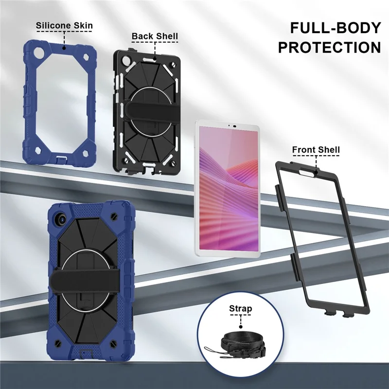 For Lenovo Tab K9 / Tab One Case Silicone + PC Kickstand Tablet Cover with Handy Strap - Navy Blue / Black