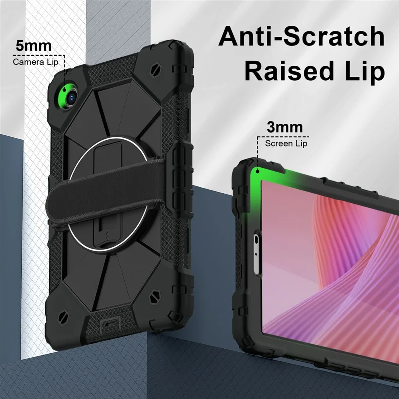 For Lenovo Tab K9 / Tab One Case Silicone + PC Kickstand Tablet Cover with Handy Strap - Black / Black