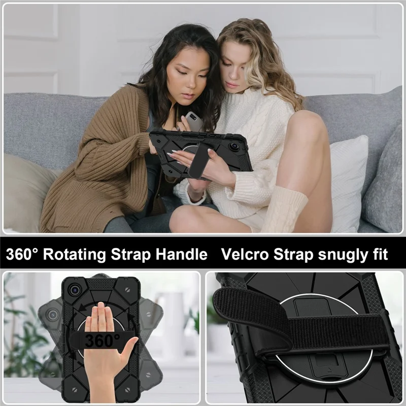 For Lenovo Tab K9 / Tab One Case Silicone + PC Kickstand Tablet Cover with Handy Strap - Black / Black