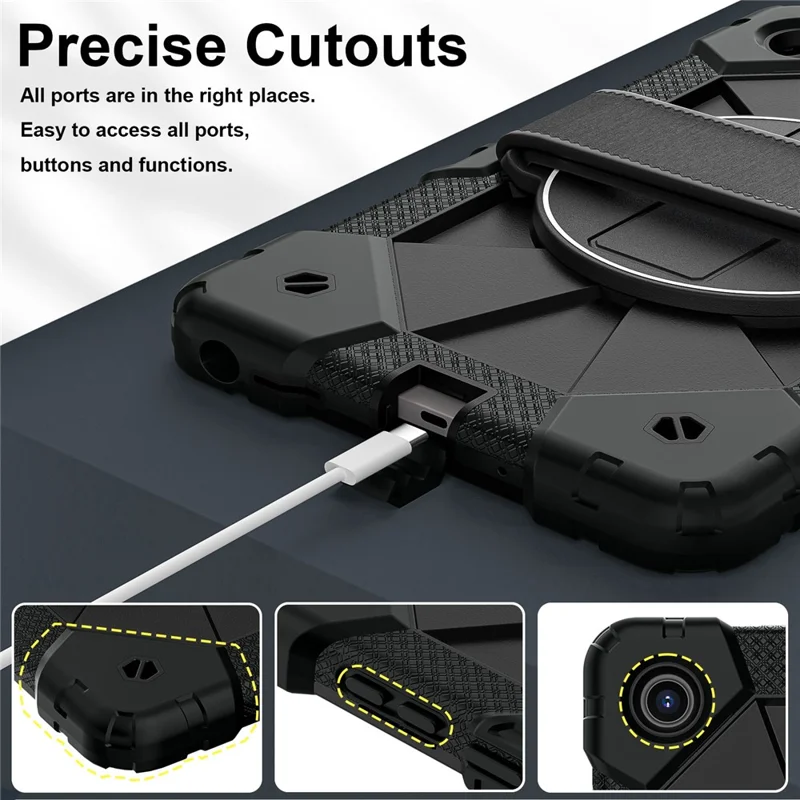 For Lenovo Tab K9 / Tab One Case Silicone + PC Kickstand Tablet Cover with Handy Strap - Black / Black