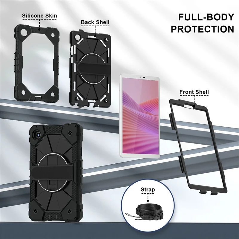 For Lenovo Tab K9 / Tab One Case Silicone + PC Kickstand Tablet Cover with Handy Strap - Black / Black