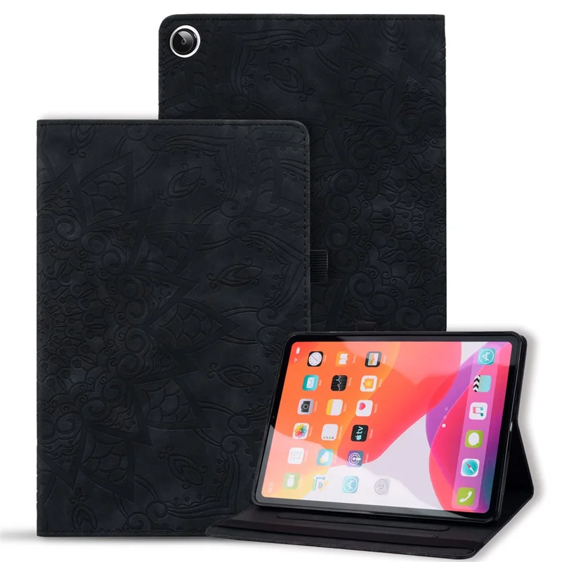 For Samsung Galaxy Tab A11 X133 X130 / Tab A9 Tablet Case Card Slots Leather Cover Flower Pattern - Black