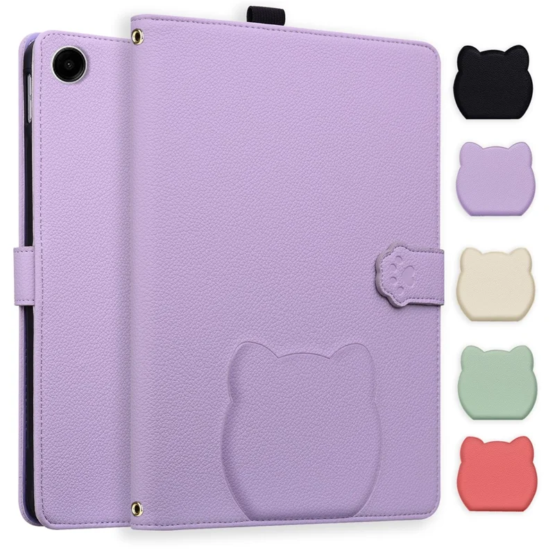 For Samsung Galaxy Tab A11 X133 X130 /  Tab A9 Wallet Case Leather Stand Tablet Cover with Stylus Holder, 3D Effect Cat Pattern - Purple