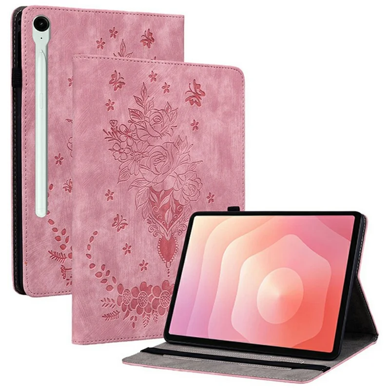 Samsung Galaxy Tab S11 Hülle Kartenfach Anti-Kratzer Lederabdeckung Rose Blume Prägung - Pink