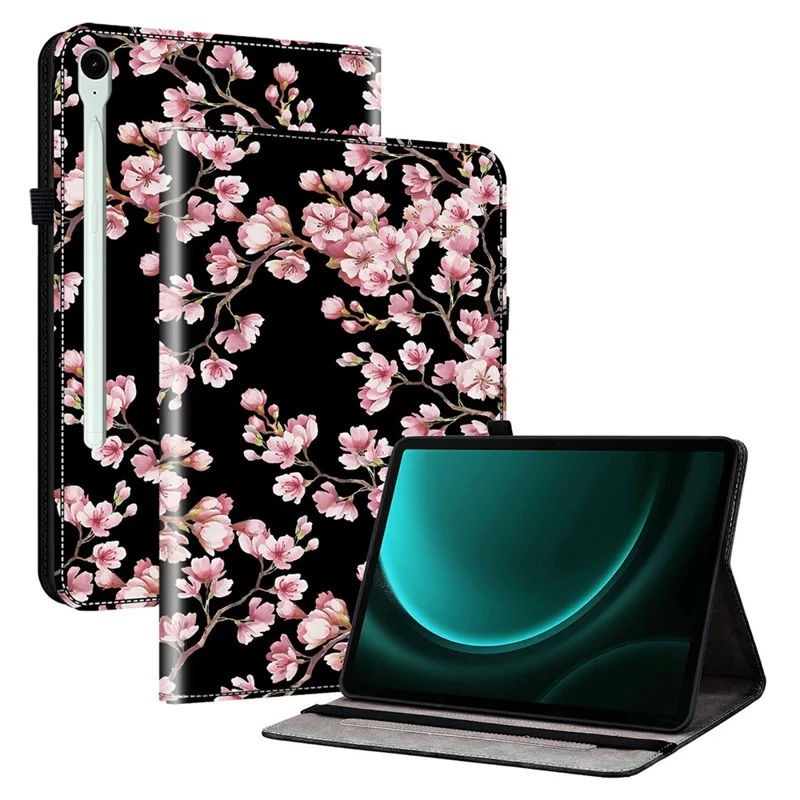 Samsung Galaxy Tab S11 Lederetui mit Musteraufdruck, Ständer und Kartenfächern - Pflaumenblüte