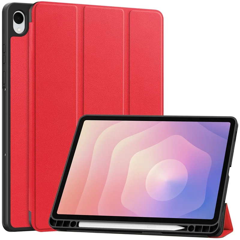 For Samsung Galaxy Tab S11 Stand Case Shock-Absorbent Leather Tablet Cover with Pen Slot - Red