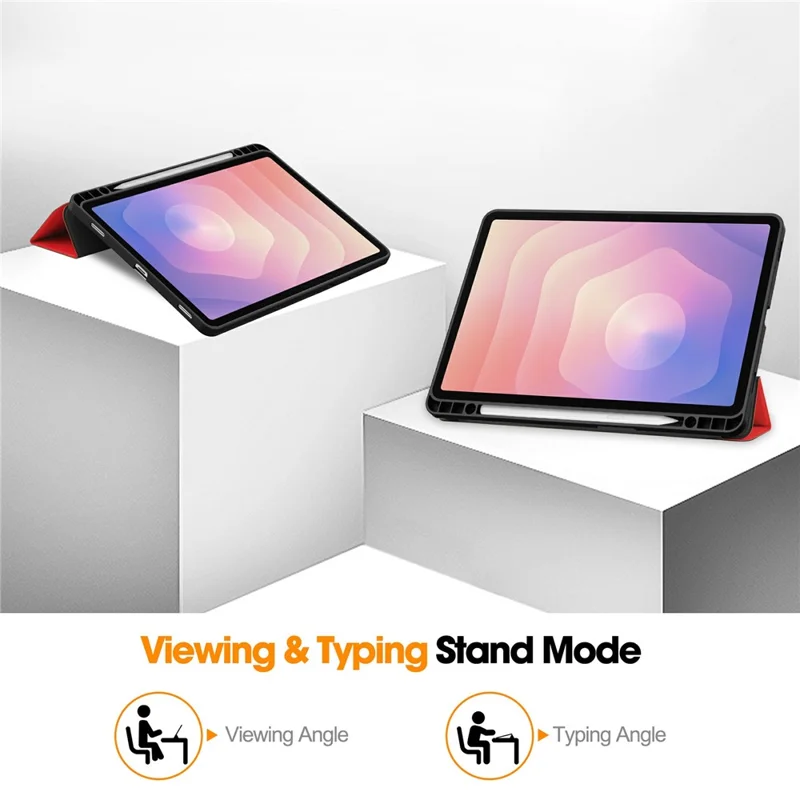 For Samsung Galaxy Tab S11 Stand Case Shock-Absorbent Leather Tablet Cover with Pen Slot - Red