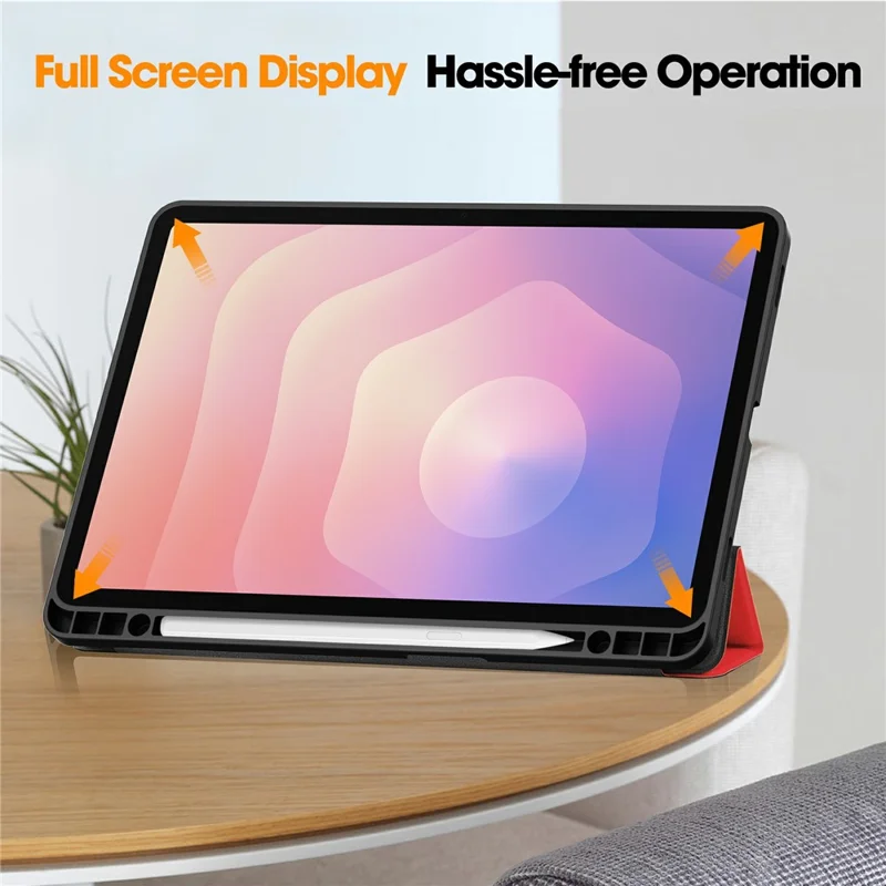 For Samsung Galaxy Tab S11 Stand Case Shock-Absorbent Leather Tablet Cover with Pen Slot - Red