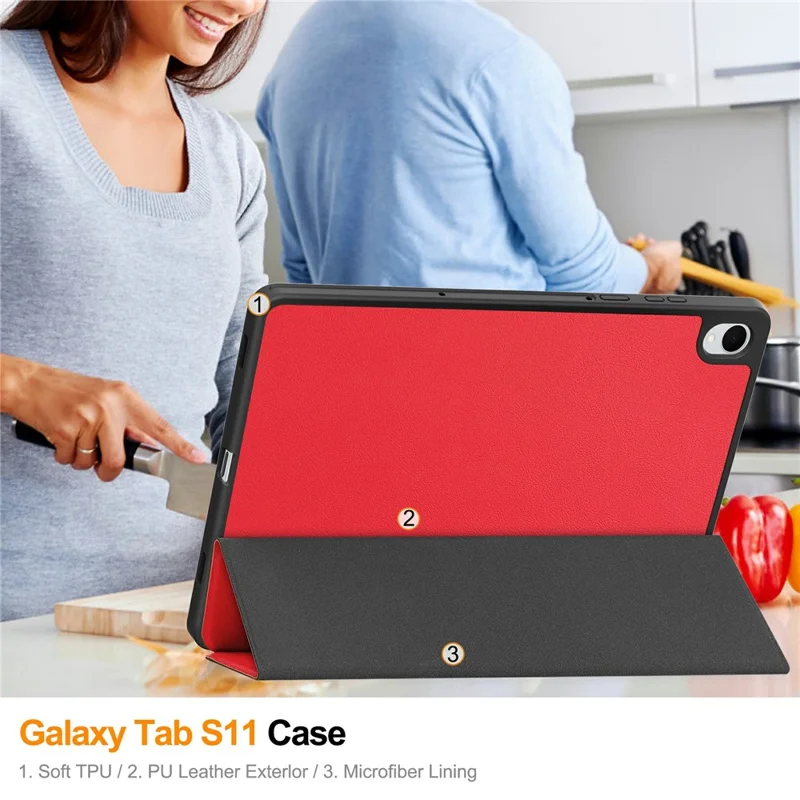 For Samsung Galaxy Tab S11 Stand Case Shock-Absorbent Leather Tablet Cover with Pen Slot - Red