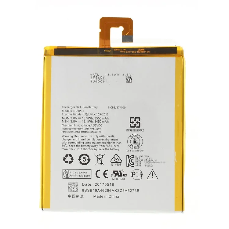 For Lenovo IdeaTab A7-50 A3500 / IdeaTab S5000 / Tab3 7 3.8V 3450mAh Rechargeable Li-ion Polymer Battery Assembly Parts (Encode: L13D1P31) (without Logo)