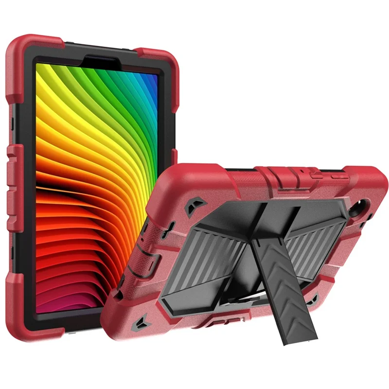 Til Samsung Galaxy Tab A11 tablettilfælde med støtteben PC + Silikone stødfaste beskyttelsesdæksel - Rød + Sort