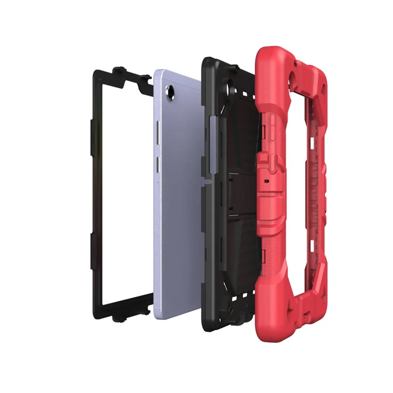 Til Samsung Galaxy Tab A11 tablettilfælde med støtteben PC + Silikone stødfaste beskyttelsesdæksel - Rød + Sort