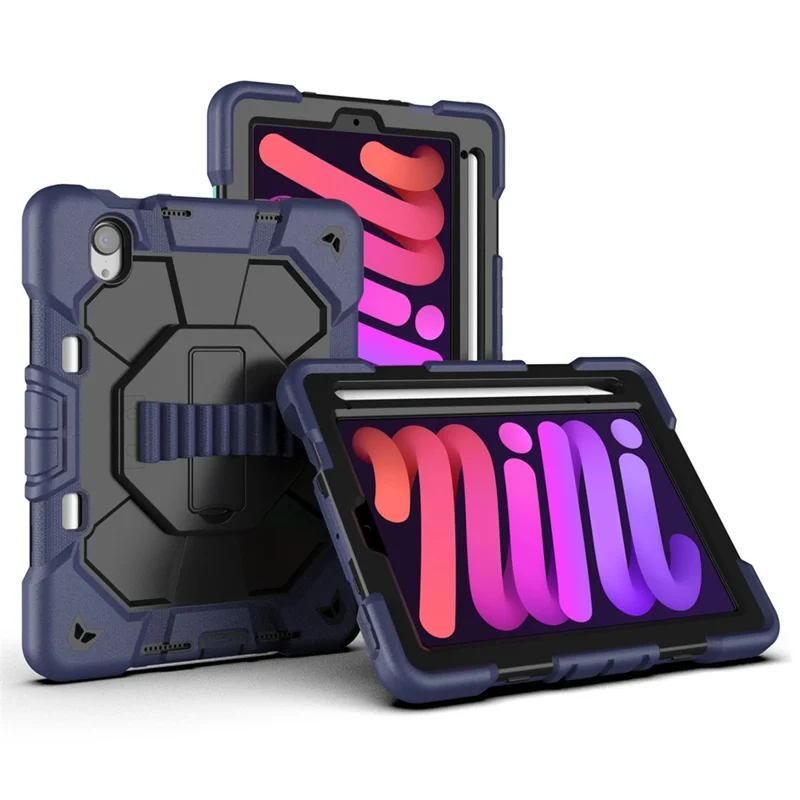 غطاء لجهاز iPad mini (2024) / (2021) مع حامل ورباط معصم من مادة البولي كربونات والمطاط السيليكوني - أزرق بحري + أسود