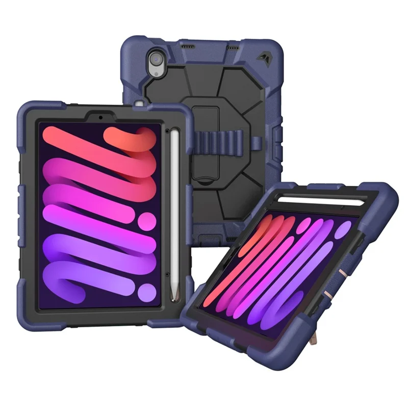 غطاء لجهاز iPad mini (2024) / (2021) مع حامل ورباط معصم من مادة البولي كربونات والمطاط السيليكوني - أزرق بحري + أسود