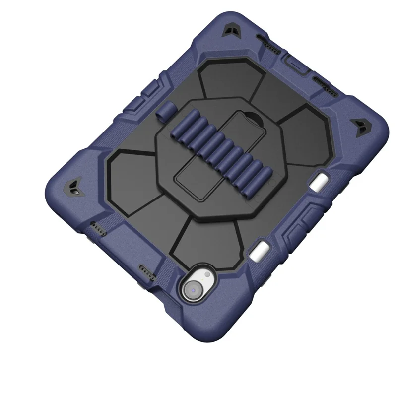 غطاء لجهاز iPad mini (2024) / (2021) مع حامل ورباط معصم من مادة البولي كربونات والمطاط السيليكوني - أزرق بحري + أسود