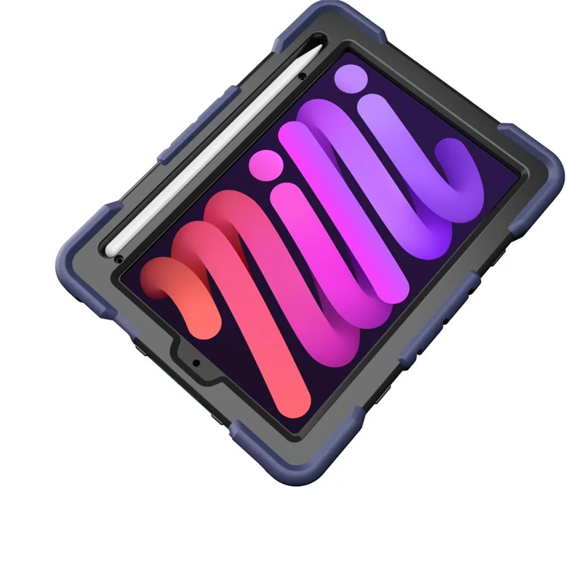 غطاء لجهاز iPad mini (2024) / (2021) مع حامل ورباط معصم من مادة البولي كربونات والمطاط السيليكوني - أزرق بحري + أسود