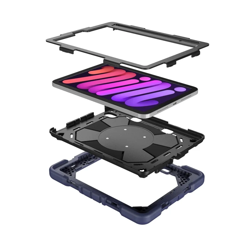 غطاء لجهاز iPad mini (2024) / (2021) مع حامل ورباط معصم من مادة البولي كربونات والمطاط السيليكوني - أزرق بحري + أسود