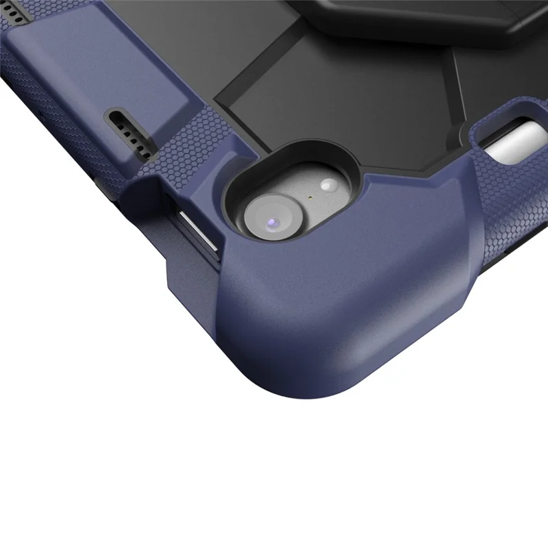 غطاء لجهاز iPad mini (2024) / (2021) مع حامل ورباط معصم من مادة البولي كربونات والمطاط السيليكوني - أزرق بحري + أسود